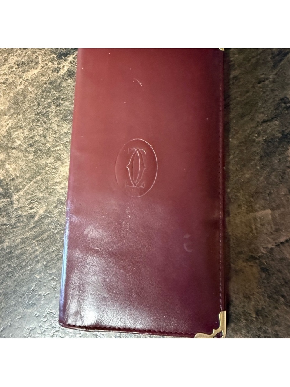 Cartier Burgundy Leather Long Wallet with Gold Corners